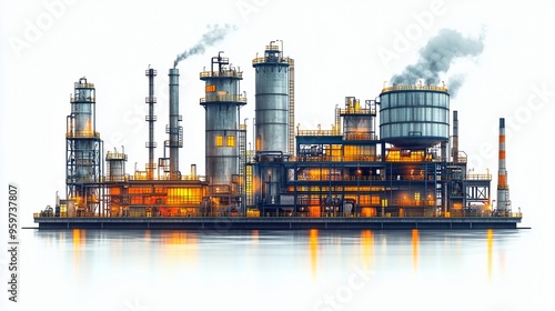 Industrial Complex: A sprawling industrial complex, with towering smokestacks and intricate machinery, stands majestically on the waterfront, illuminating the night sky. This evocative image symbolize