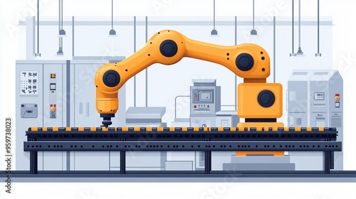 Automated Assembly Line: A robotic arm in a futuristic factory setting operates on a conveyor belt, showcasing the efficiency and precision of modern industrial automation. 