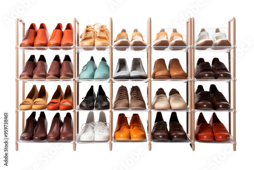 A shoe rack with built-in lighting, illuminating the footwear collection and adding a touch of elegance to the space. ,Isolated on white background