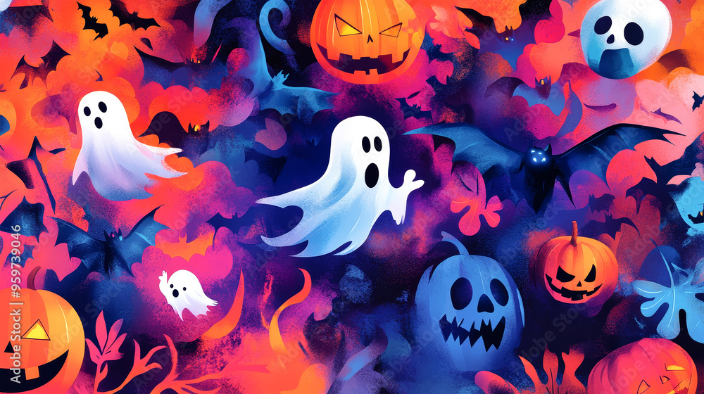 A lively composition features colorful pumpkins, playful ghosts, and enchanting witches in a festive Halloween atmosphere A lively composition features colorful pumpkins, playful ghosts, and enchanting witches in a festive Halloween atmosphere