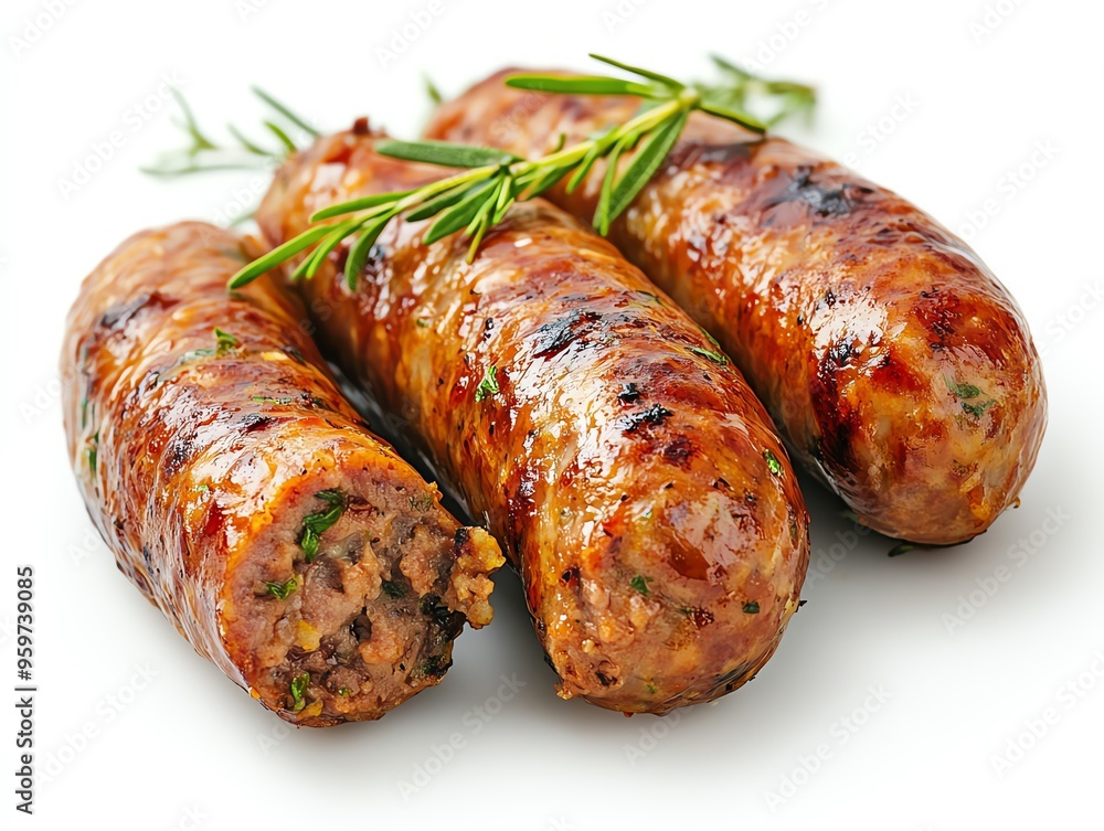 a pork sausage split open, showing filling, closeup photography, juicy and rich, isolated on white background a pork sausage split open, showing filling, closeup photography, juicy and rich, isolated on white background