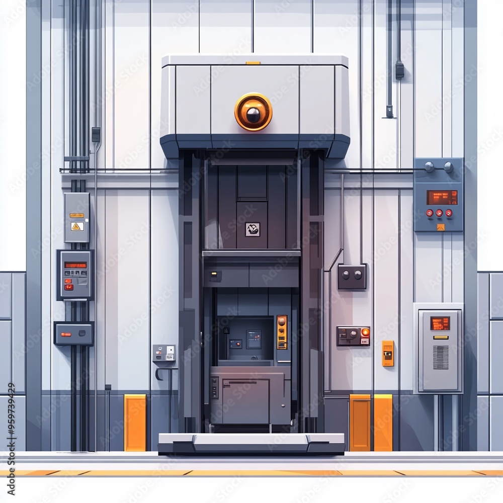 Futuristic Industrial Elevator: A minimalist, futuristic elevator design with sleek lines and industrial details. This digital art illustration evokes a sense of modern technology and efficiency Futuristic Industrial Elevator: A minimalist, futuristic elevator design with sleek lines and industrial details. This digital art illustration evokes a sense of modern technology and efficiency