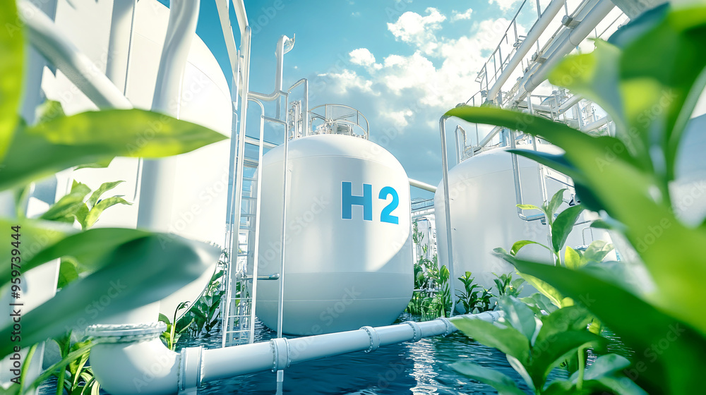 Fototapeta premium A modern hydrogen production facility features white cylindrical tanks marked with H2, surrounded by lush greenery and bright sunlight shining down