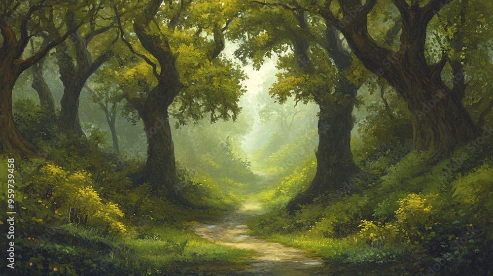 Fototapeta premium A serene pathway through a lush, green forest filled with ancient trees and vibrant foliage.
