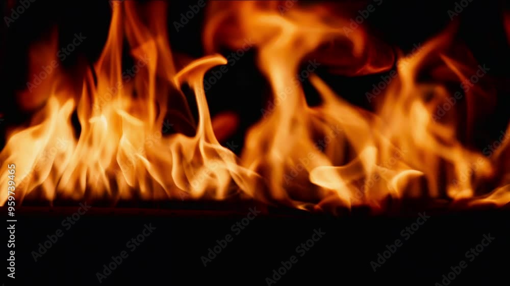 Beautiful dancing fire, burning flame. Tongues of orange flame. Bright burning flames on a black background. Fire in slow motion. Wall of Real fire, abstract background. Super slow motion video.