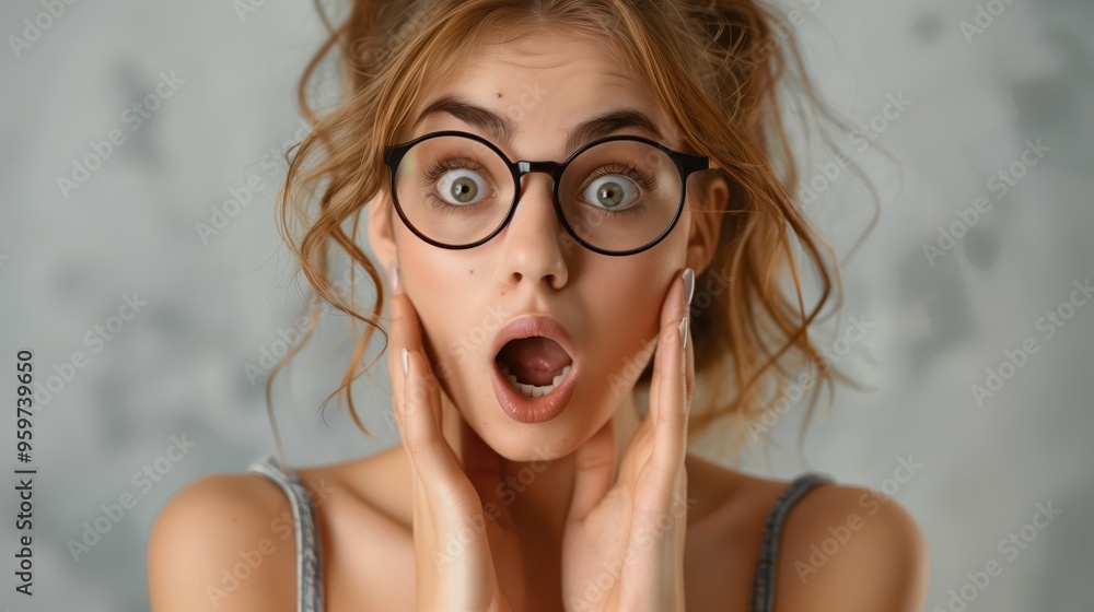 Shocked woman with green eyes and glasses touching her face and gasping in surprise Shocked woman with green eyes and glasses touching her face and gasping in surprise
