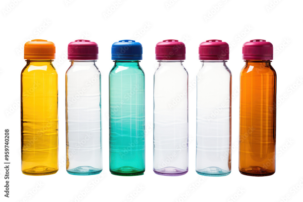 A set of matching water bottles for a family or group, isolated on a white background. A set of matching water bottles for a family or group, isolated on a white background.