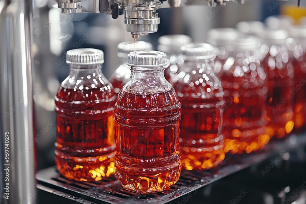 Automated Filling of Plastic Bottles with Amber Liquid on a Conveyor Belt Automated Filling of Plastic Bottles with Amber Liquid on a Conveyor Belt