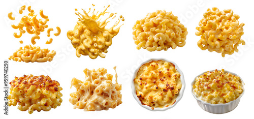 Classic american cheesy Macaroni mac and cheese, many angles and view side top front bowl dropping splash flying isolated on transparent cutout, PNG file. Mockup template for artwork design