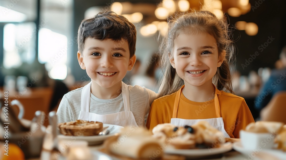 Little Bakers, Big Smiles: Two adorable children, beaming with pride, display their freshly baked creations in a cozy cafe setting. Little Bakers, Big Smiles: Two adorable children, beaming with pride, display their freshly baked creations in a cozy cafe setting.
