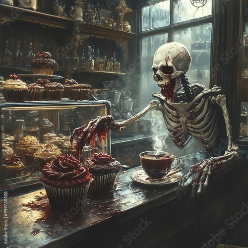 A shadowy cafe where Death s skeletal hand reaches for a bloodred velvet cupcake, the counter lined with macabre desserts and a steaming cup of dark tea by his side photo