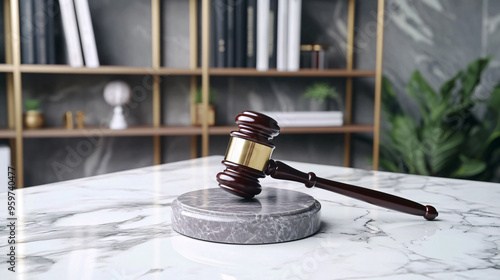 Judges Gavel on Light Grey Marble Table in Legal Setting