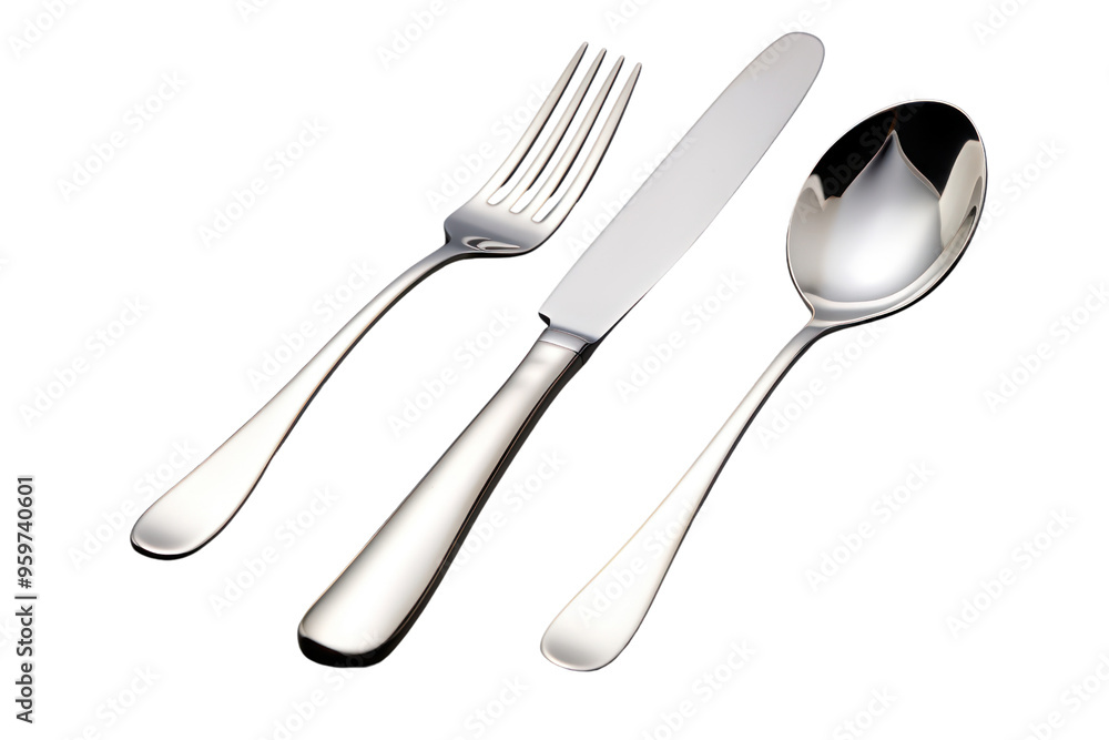 A set of elegant stainless steel silverware, including a fork, knife, and spoon, arranged neatly on a white background. ,Isolated on white background A set of elegant stainless steel silverware, including a fork, knife, and spoon, arranged neatly on a white background. ,Isolated on white background