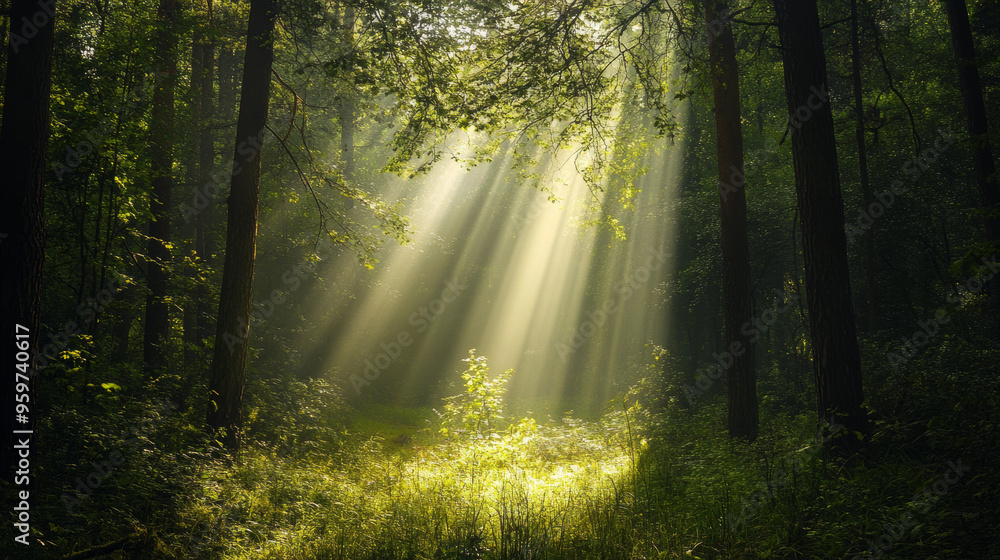 Fototapeta premium The sunlight dappled through the forest trees, illuminating a scene of natural beauty. Around me, I saw the familiar shapes of trees, branches, grass, and wood.