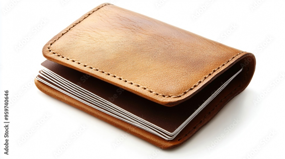 Stylish Leather Business Card Holder with Cards on White Background Stylish Leather Business Card Holder with Cards on White Background