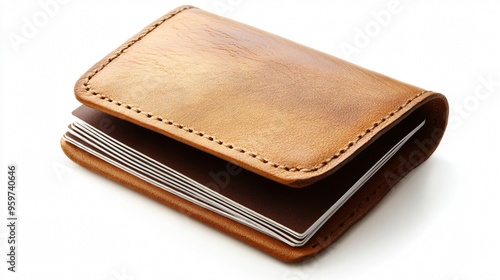 Stylish Leather Business Card Holder with Cards on White Background