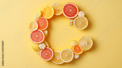 Vibrant Citrus Fruits Letter C on Yellow Background