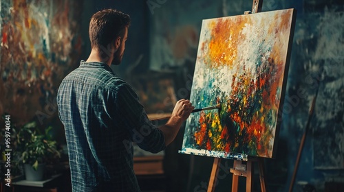 Man Painting in Studio with Easel Holding Canvas