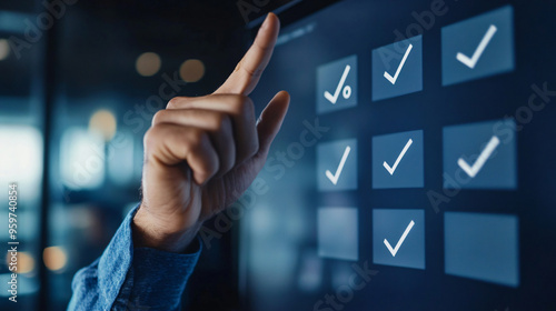 Businessman Pointing at Check Boxes on Virtual Screen
