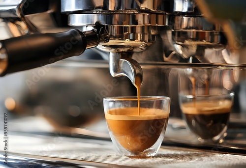 espresso machine pouring coffee. coffee day concept.