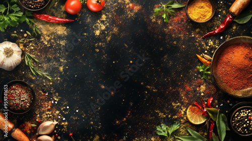 Cooking banner with spices and vegetables. Top view, free space for text. 