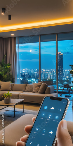 Smart Home Living Room with City Skyline View photo