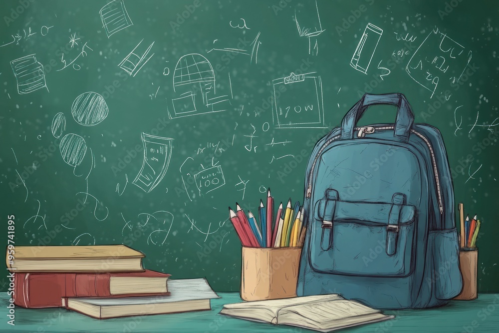 Back-to-school concept featuring school books, textbooks, a backpack, and stationery supplies on a desk. The green chalkboard in the background has educational doodles. Back-to-school concept featuring school books, textbooks, a backpack, and stationery supplies on a desk. The green chalkboard in the background has educational doodles.
