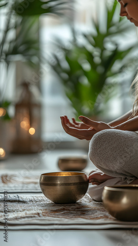 Meditation Practice with Singing Bowls in a Peaceful Setting photo