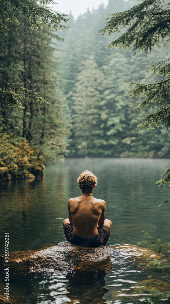 Meditative moment by a calm forest lake Meditative moment by a calm forest lake