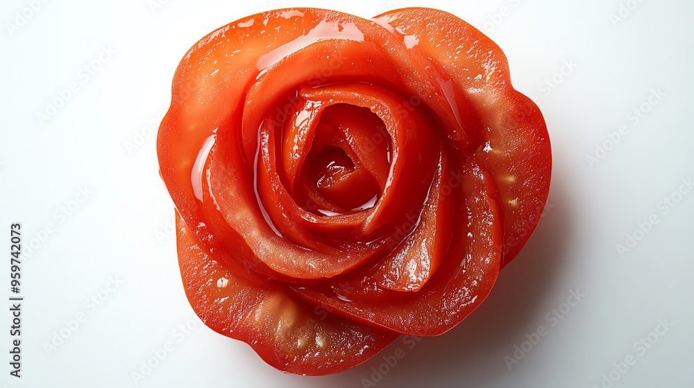 a tomato shaped into a rose, creative food styling, bright red tones, isolated on white background a tomato shaped into a rose, creative food styling, bright red tones, isolated on white background
