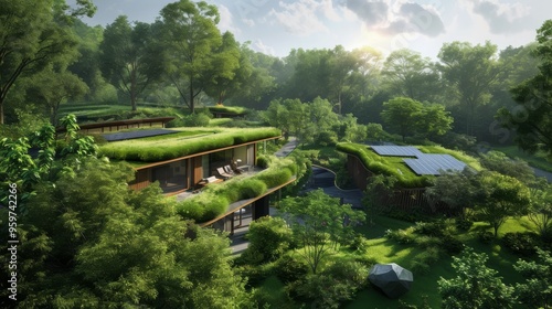 Wallpaper Mural A modern, eco-friendly home with a green roof is nestled in a dense, lush forest. Solar panels are visible on one of the roofs, reflecting the house's sustainable design. Sunlight filters through the Torontodigital.ca