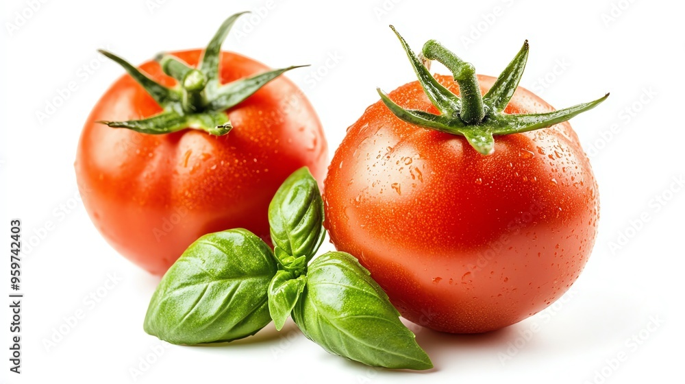 a tomato with a basil sprig, classic Italian ingredient pairing, vibrant colors, isolated on white background a tomato with a basil sprig, classic Italian ingredient pairing, vibrant colors, isolated on white background