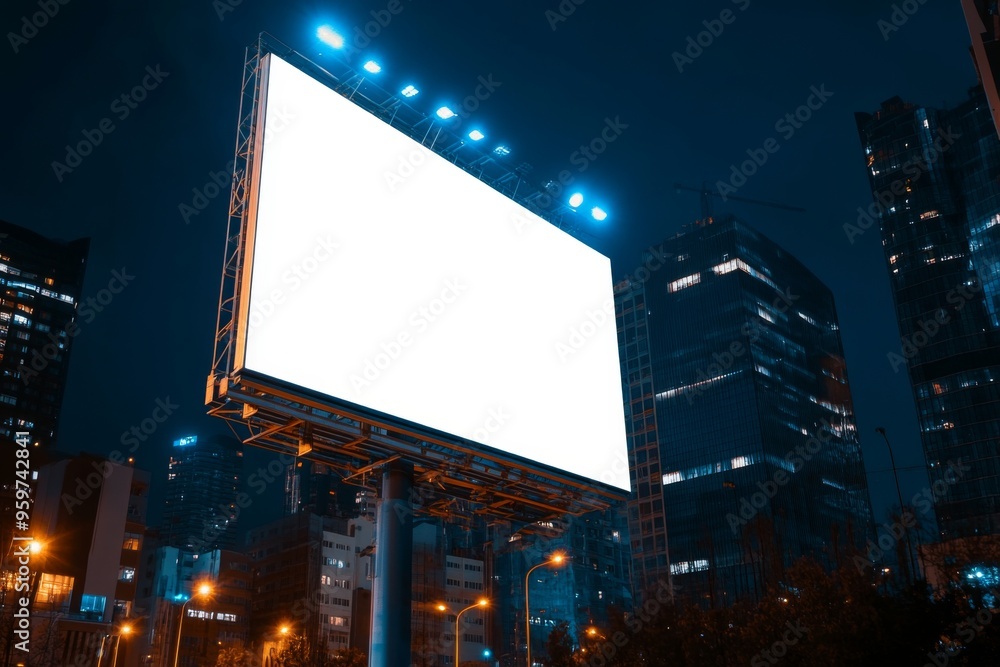 White Blank Empty Mock Up Billboard at Night Set Against an Urban Landscape Enhanced by City Lights