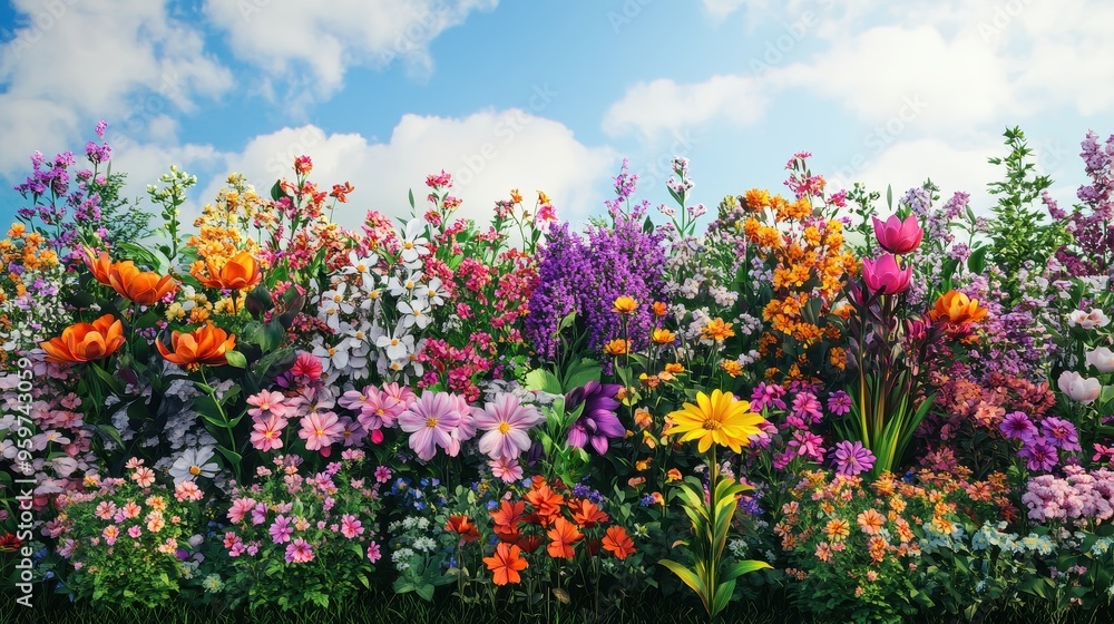 Vibrant Flower Garden in Full Bloom Under a Clear Blue Sky with Fluffy White Clouds Vibrant Flower Garden in Full Bloom Under a Clear Blue Sky with Fluffy White Clouds