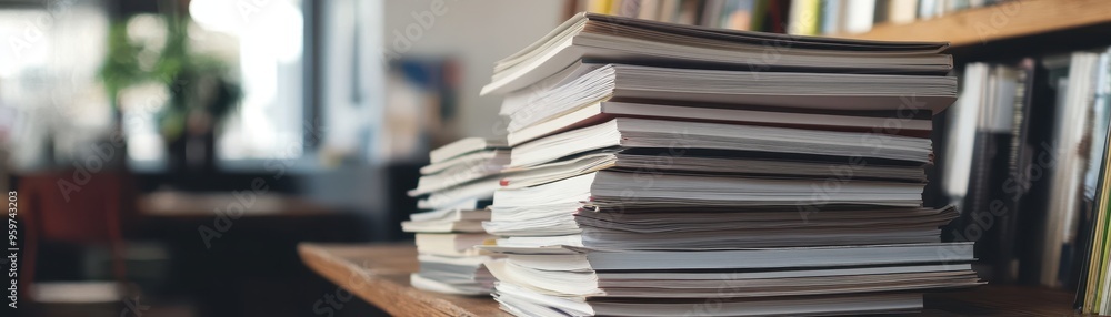 Stack of Magazines on Wooden Table in Cozy Library with Bookshelves in Background