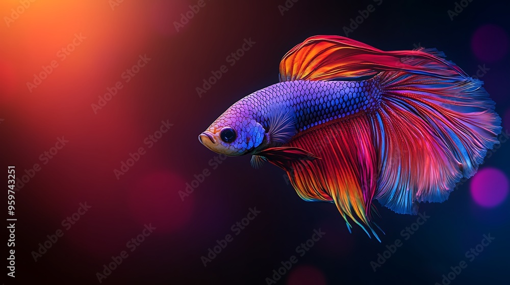 Fototapeta premium Majestic Betta Fish Gliding in Radiant Rainbow Colors Against Dark Background