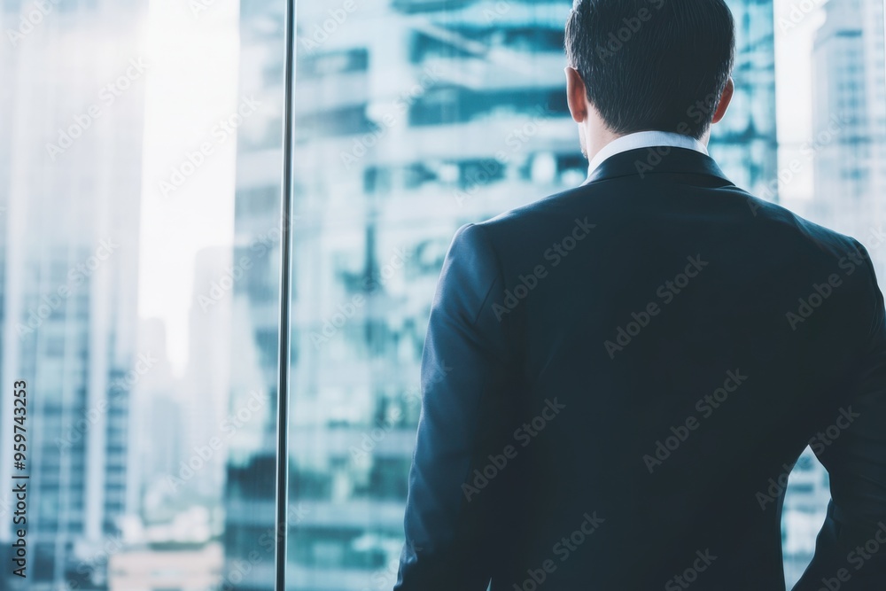 Back of businessman in suit with modern buildings. Background for economic market stock investment and financial. Back of businessman in suit with modern buildings. Background for economic market stock investment and financial.