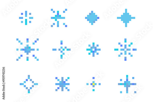 Pixel snowflake winter retro pixilated 8 bit game stamp. Holiday flake ornament. Simple crystal ornament. 
