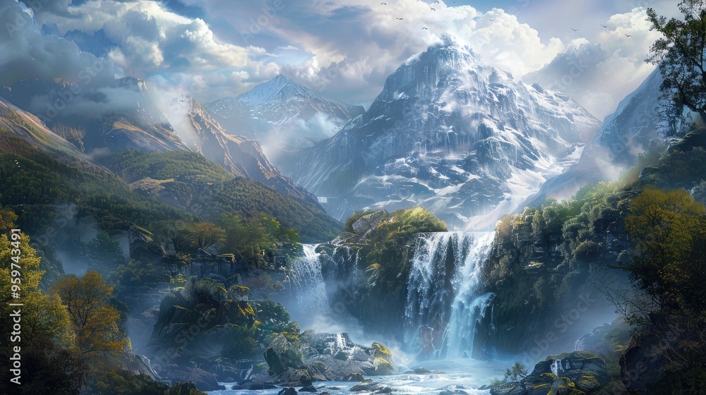 Stunning waterfall cascading down a mountain. Perfect for travel, nature, or adventure projects. Stunning waterfall cascading down a mountain. Perfect for travel, nature, or adventure projects.