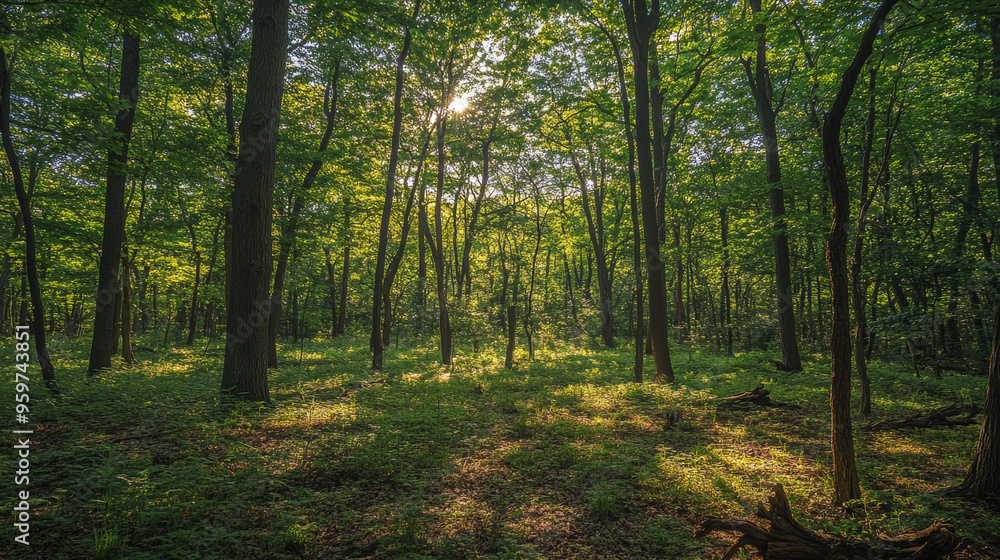 Naklejka premium The sunlight dappled through the forest trees, illuminating a scene of natural beauty. Around me, I saw the familiar shapes of trees, branches, grass, and wood.