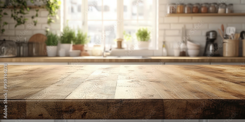 Empty wooden kitchen countertop in a bright cozy kitchen with natural light streaming through the window and blurred background of kitchen utensils and potted plants, perfect for showcasing food produ Empty wooden kitchen countertop in a bright cozy kitchen with natural light streaming through the window and blurred background of kitchen utensils and potted plants, perfect for showcasing food produ