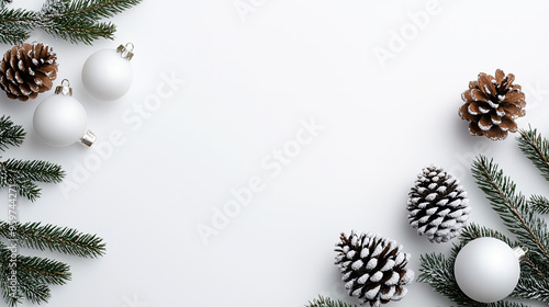 A festive arrangement of pinecones and white ornaments on a clean background, perfect for holiday-themed designs and decorations.