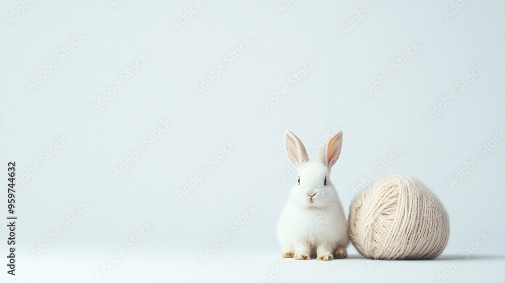 Fototapeta premium cute white rabbit with yarn
