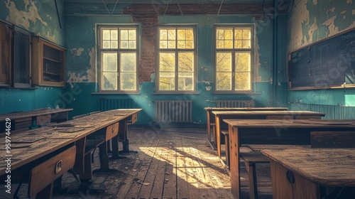 An old, abandoned classroom bathed in golden sunlight pouring through the large windows. The peeling paint and dusty desks tell a story of time gone by, creating a nostalgic and poignant scene.