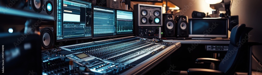 A modern music studio featuring advanced equipment and multiple monitors for audio production and mixing. A modern music studio featuring advanced equipment and multiple monitors for audio production and mixing.