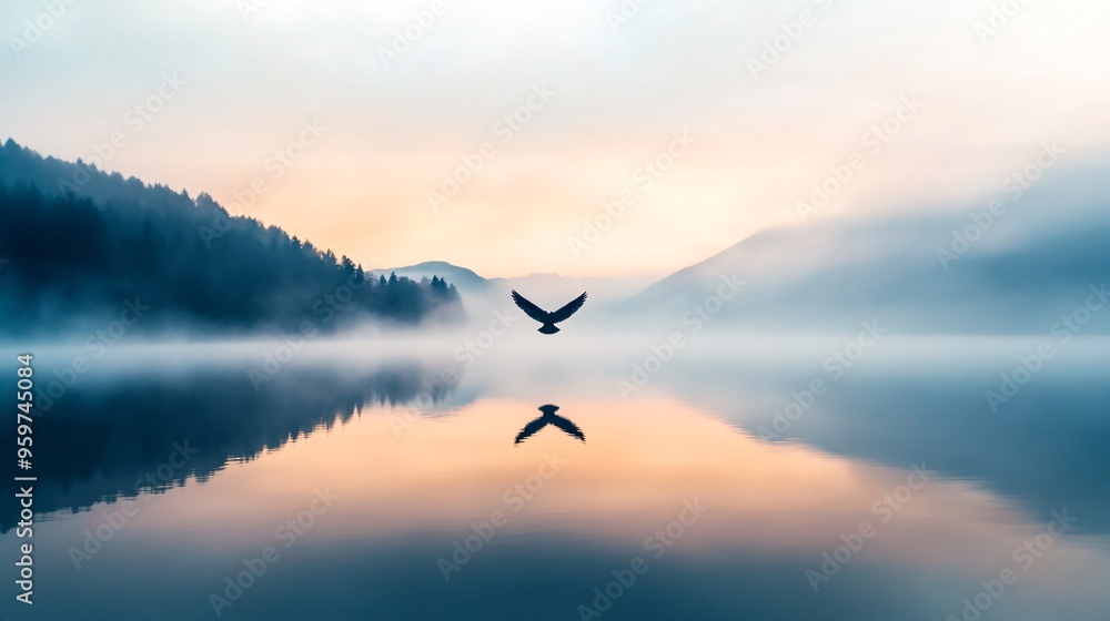 eagle flying over misty lake at sunrise