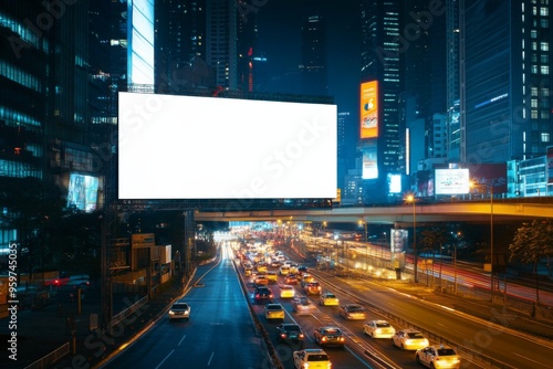 White Blank Empty Mockup LED Billboard Display during a beautiful night scene