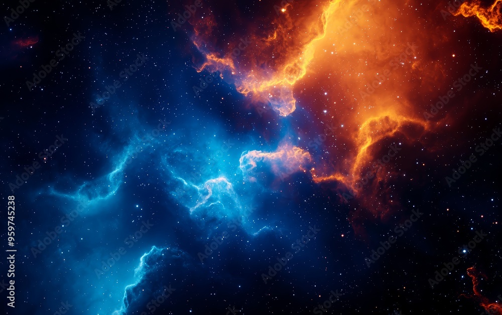 Vibrant nebula with swirling clouds of gas and dust, glowing with bright blue and orange hues, capturing the beauty of deep space Vibrant nebula with swirling clouds of gas and dust, glowing with bright blue and orange hues, capturing the beauty of deep space