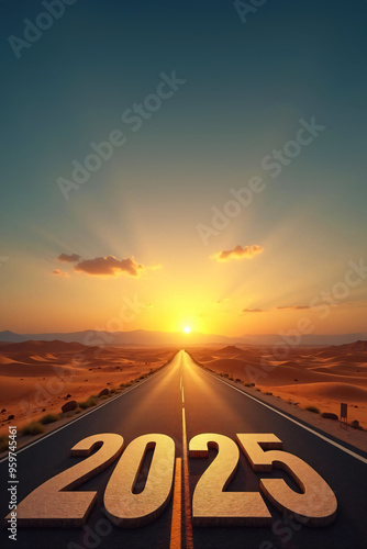 the road to success - 2025 year number on the asphalt, sunrise in the new year photo