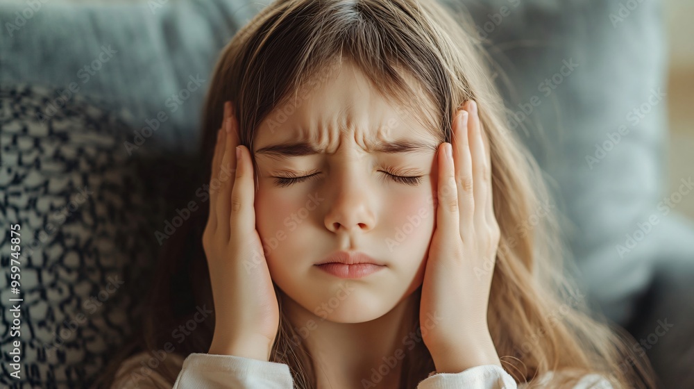 Young girl in distress with headache at home Young girl in distress with headache at home